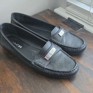 Coach Black Leather Flats with Silver Accents